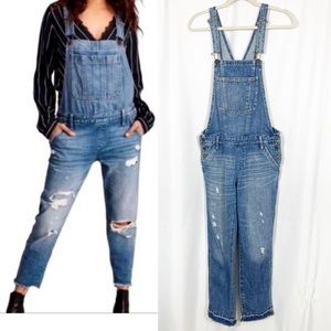 Abercrombie & Fitch Distressed Denim Jean Overalls Raw Hem Straight Slim Blue